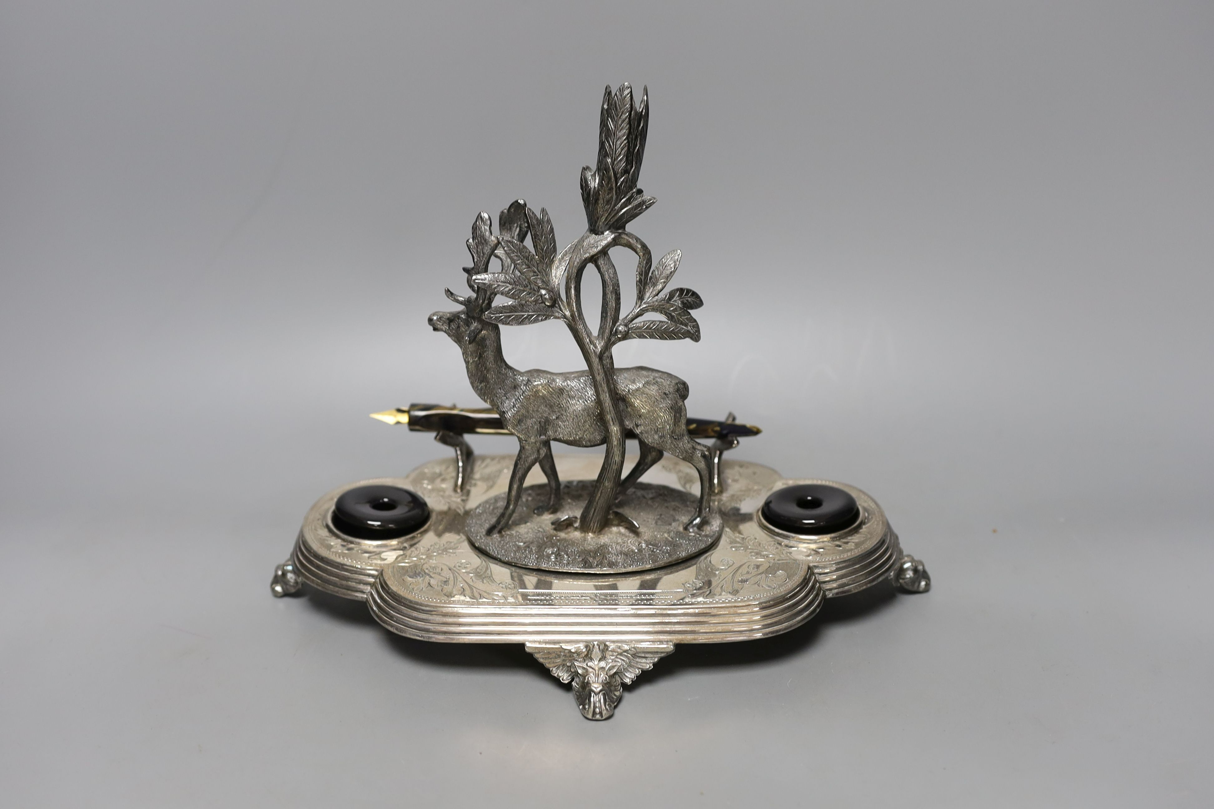 A Victorian plated ‘stag’ desk inkstand - 22cm tall